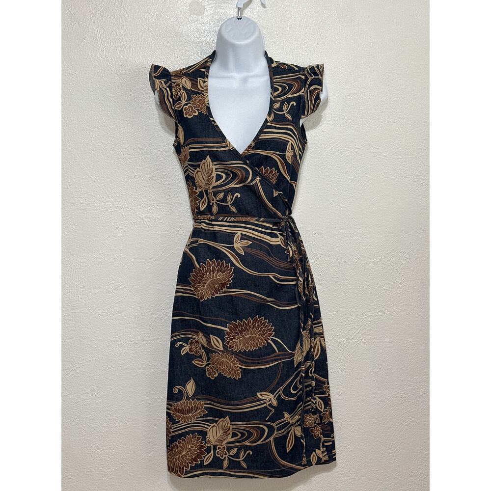VTG RARE LVLX Wrap Dress S Soft Demin w/Brown Floral Ruffle Sleeve Preppy City